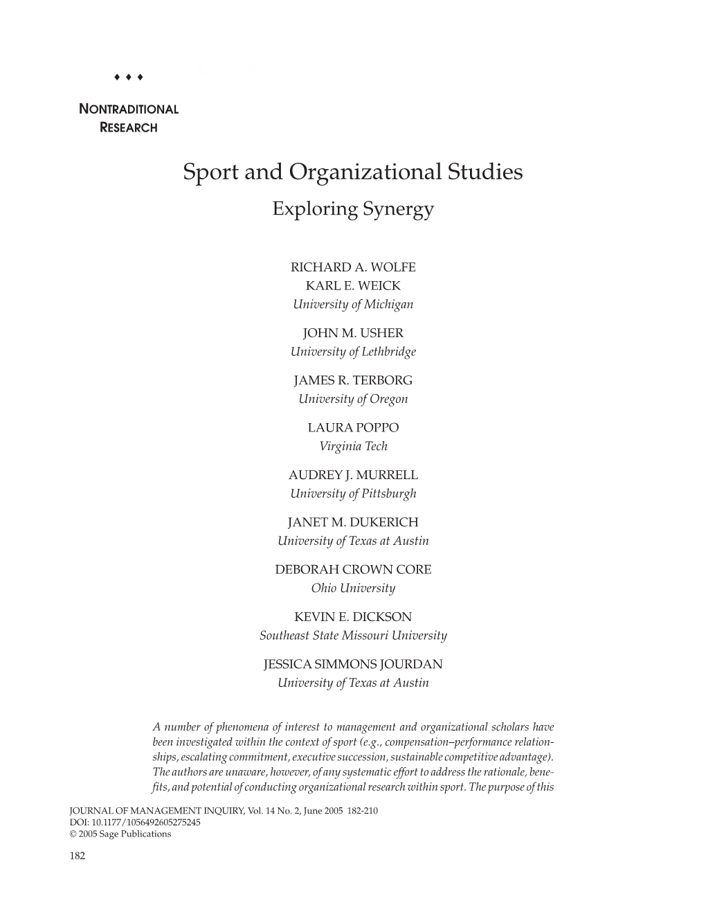 Sport and Organizational Studies Exploring Synergy