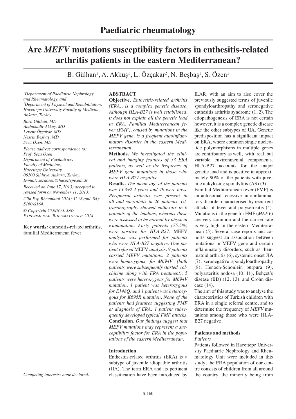 Paediatric Rheumatology Are MEFV Mutations Susceptibility Factors In