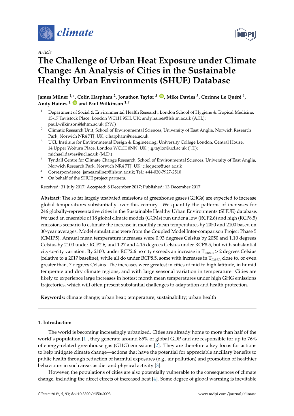 The Challenge of Urban Heat Exposure Under Climate Change: an Analysis of Cities in the Sustainable Healthy Urban Environments (SHUE) Database