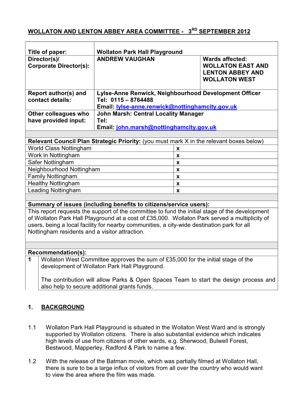 Wollaton and Lenton Abbey Area Committee - 3Rd September 2012