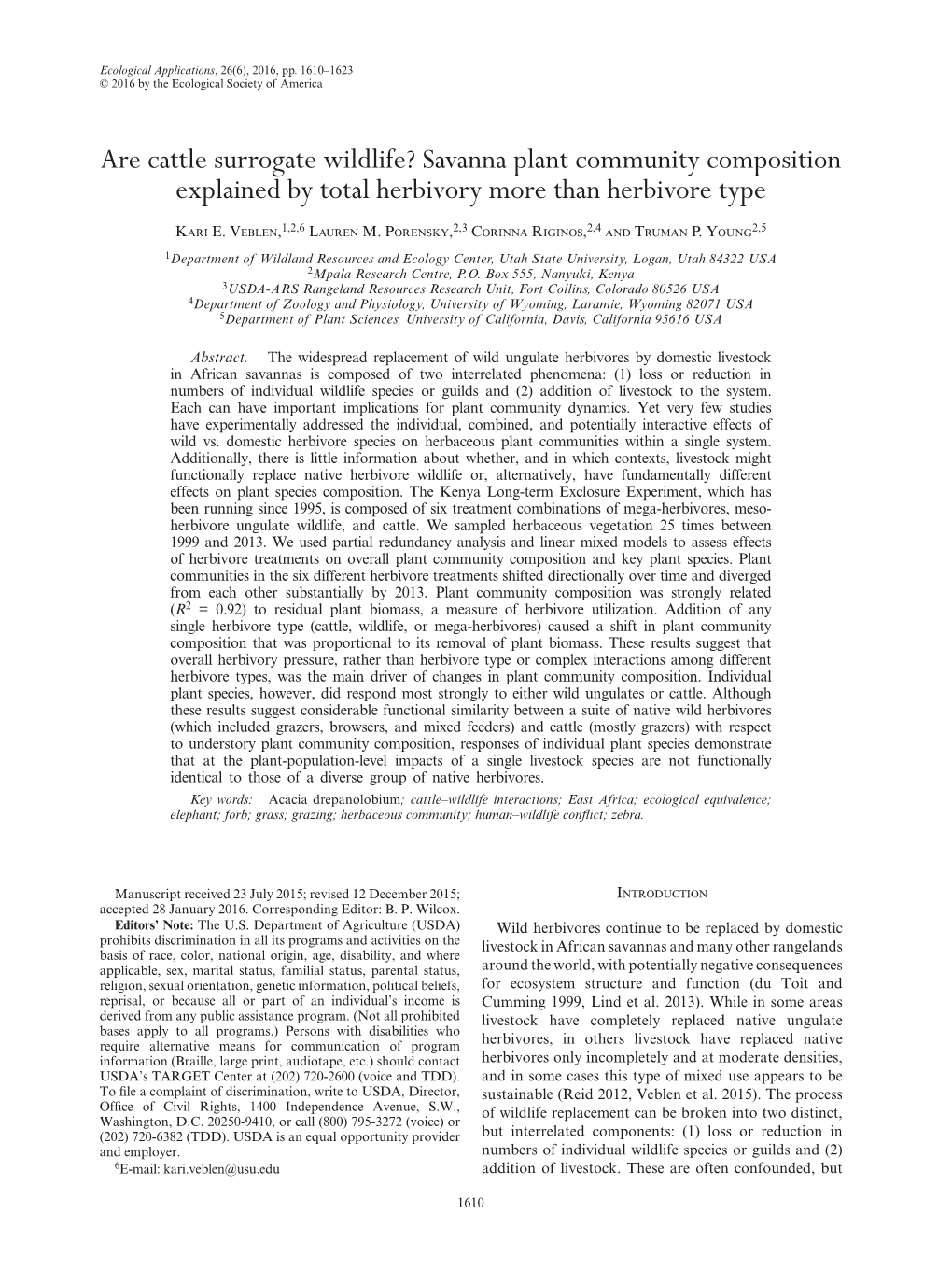 Are Cattle Surrogate Wildlife? Savanna Plant Community Composition Explained by Total Herbivory More Than Herbivore Type