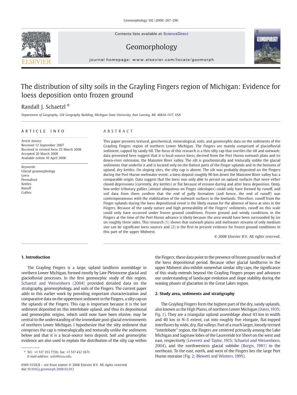 The Distribution of Silty Soils in the Grayling Fingers Region of Michigan: Evidence for Loess Deposition Onto Frozen Ground