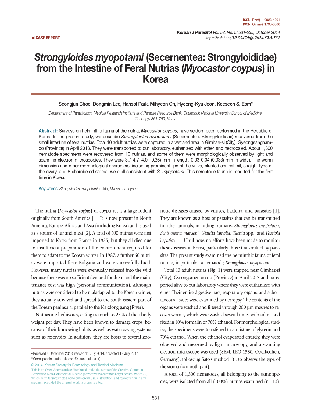 Strongyloides Myopotami (Secernentea: Strongyloididae) from the Intestine of Feral Nutrias (Myocastor Coypus) in Korea