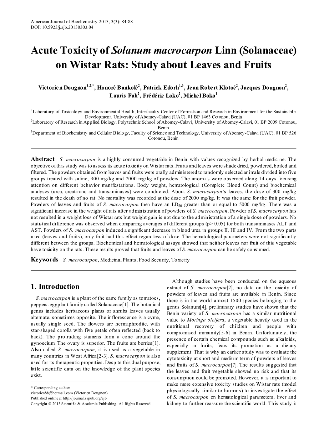 Acute Toxicity of Solanum Macrocarpon Linn (Solanaceae) on Wistar Rats: Study About Leaves and Fruits