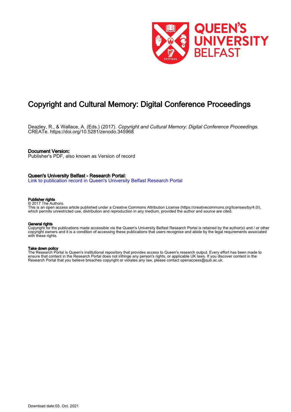 Copyright and Cultural Memory: Digital Conference Proceedings