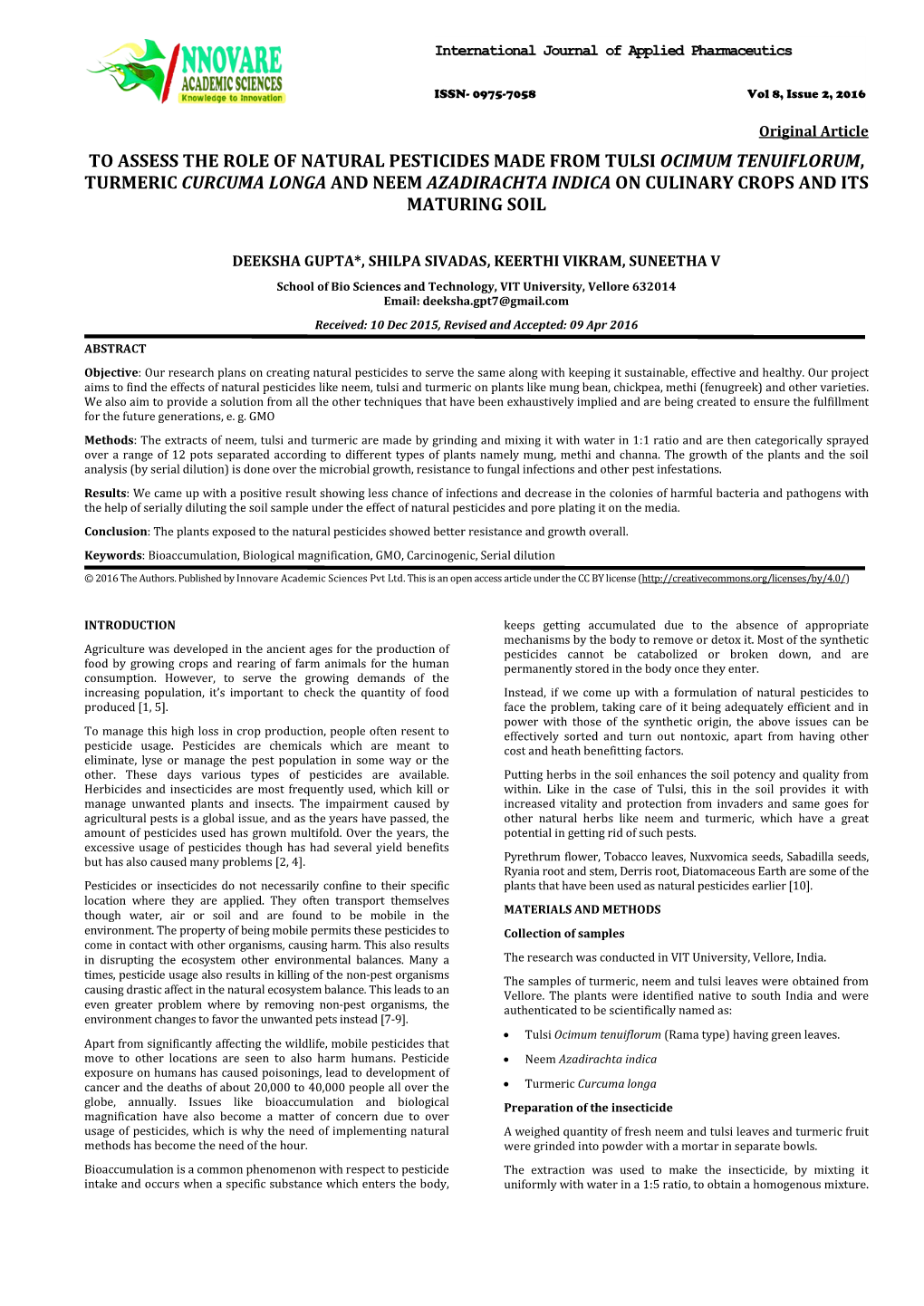 To Assess the Role of Natural Pesticides Made from Tulsi