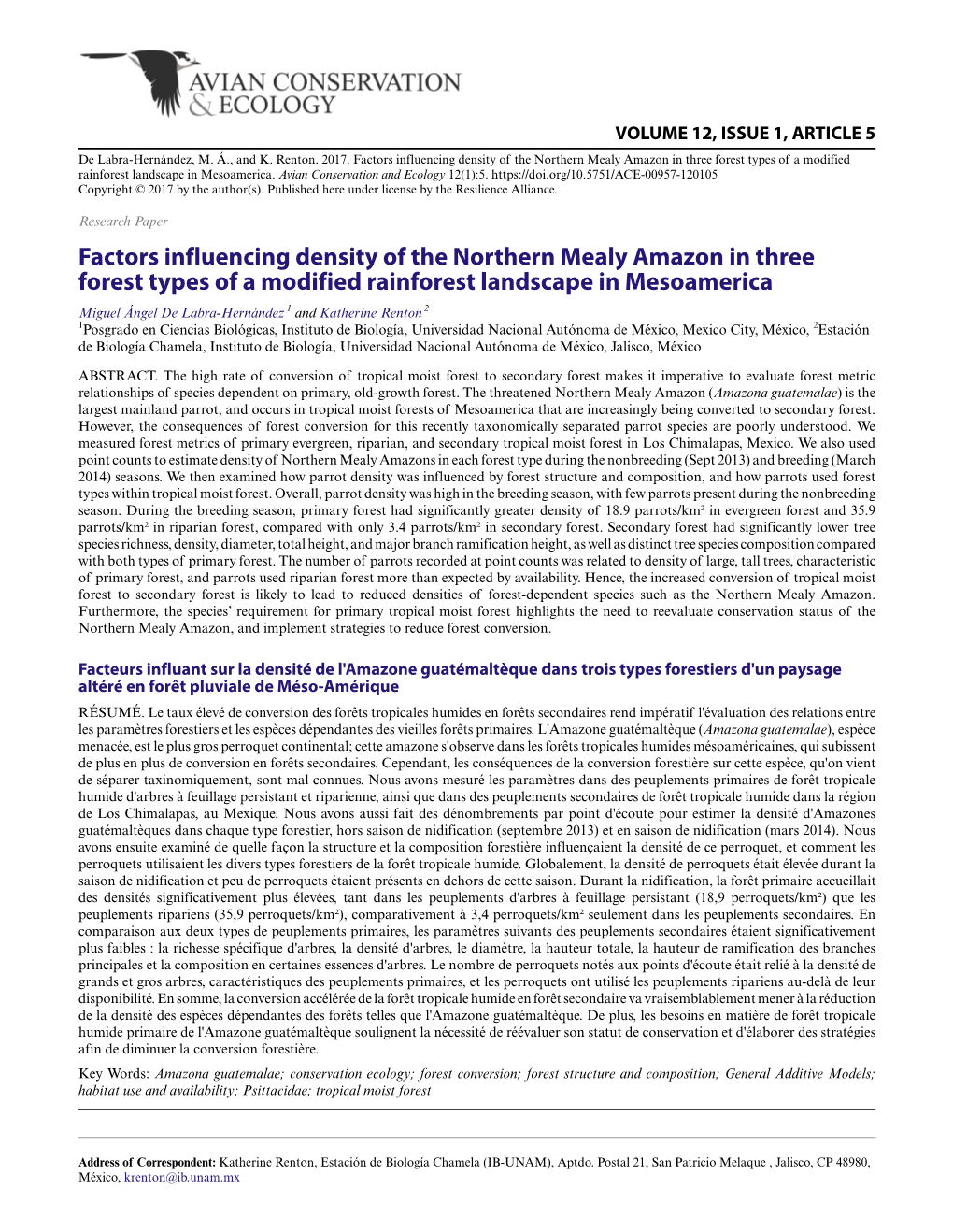 Factors Influencing Density of the Northern Mealy Amazon in Three Forest Types of a Modified Rainforest Landscape in Mesoamerica