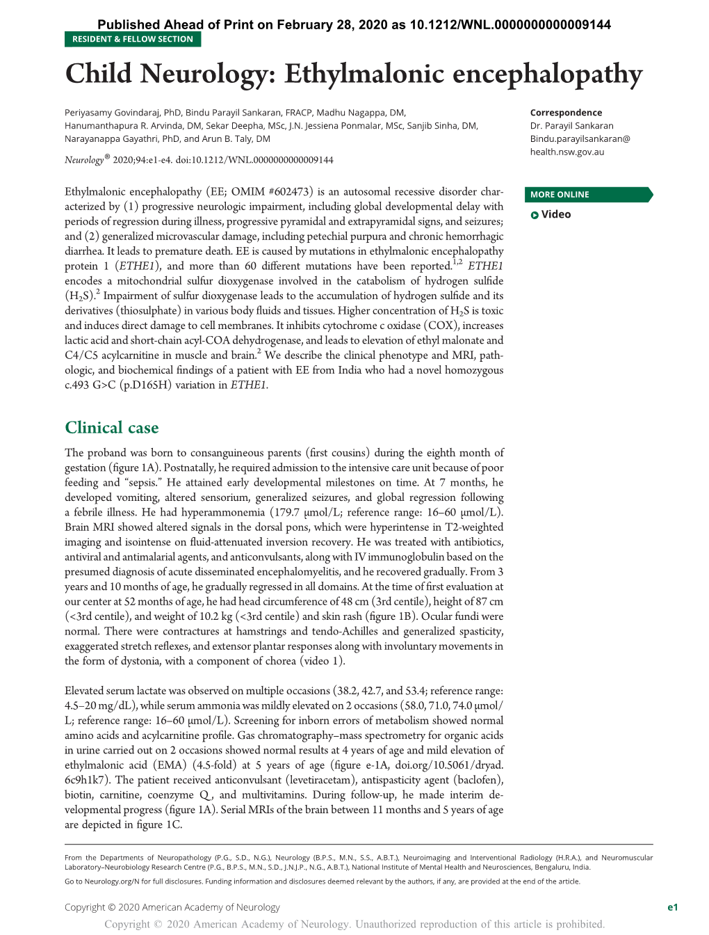 Child Neurology: Ethylmalonic Encephalopathy