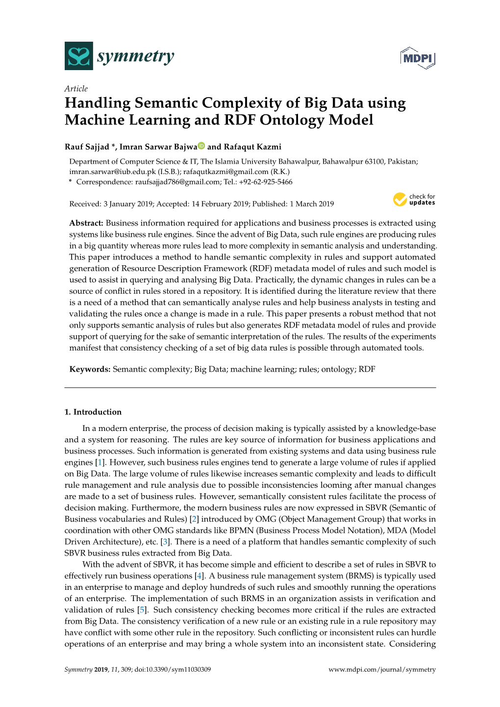 Handling Semantic Complexity of Big Data Using Machine Learning and RDF Ontology Model