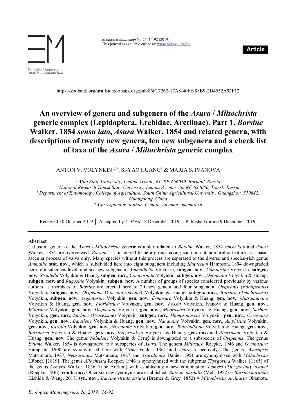 An Overview of Genera and Subgenera of the Asura / Miltochrista Generic Complex (Lepidoptera, Erebidae, Arctiinae)