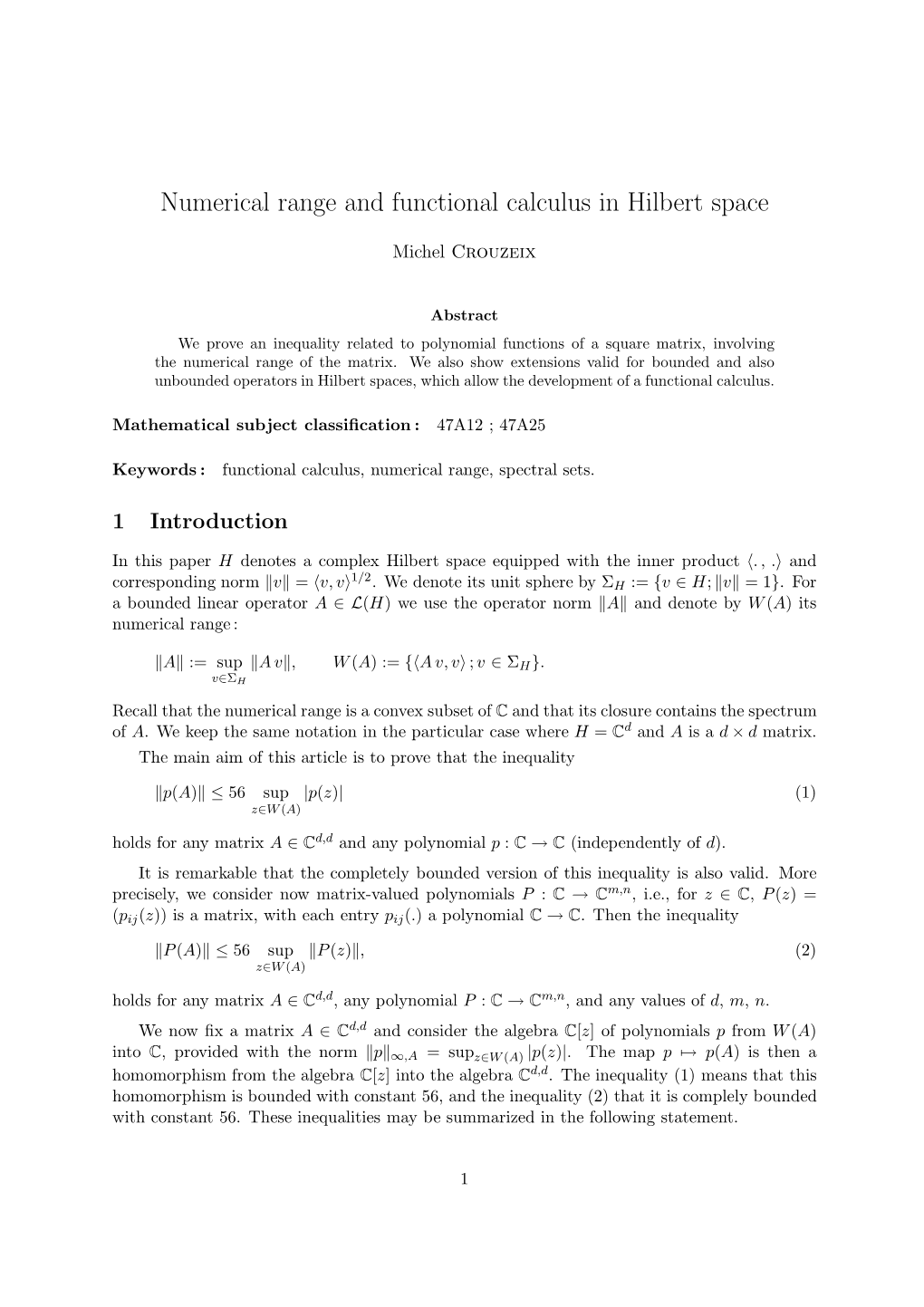 Numerical Range and Functional Calculus in Hilbert Space