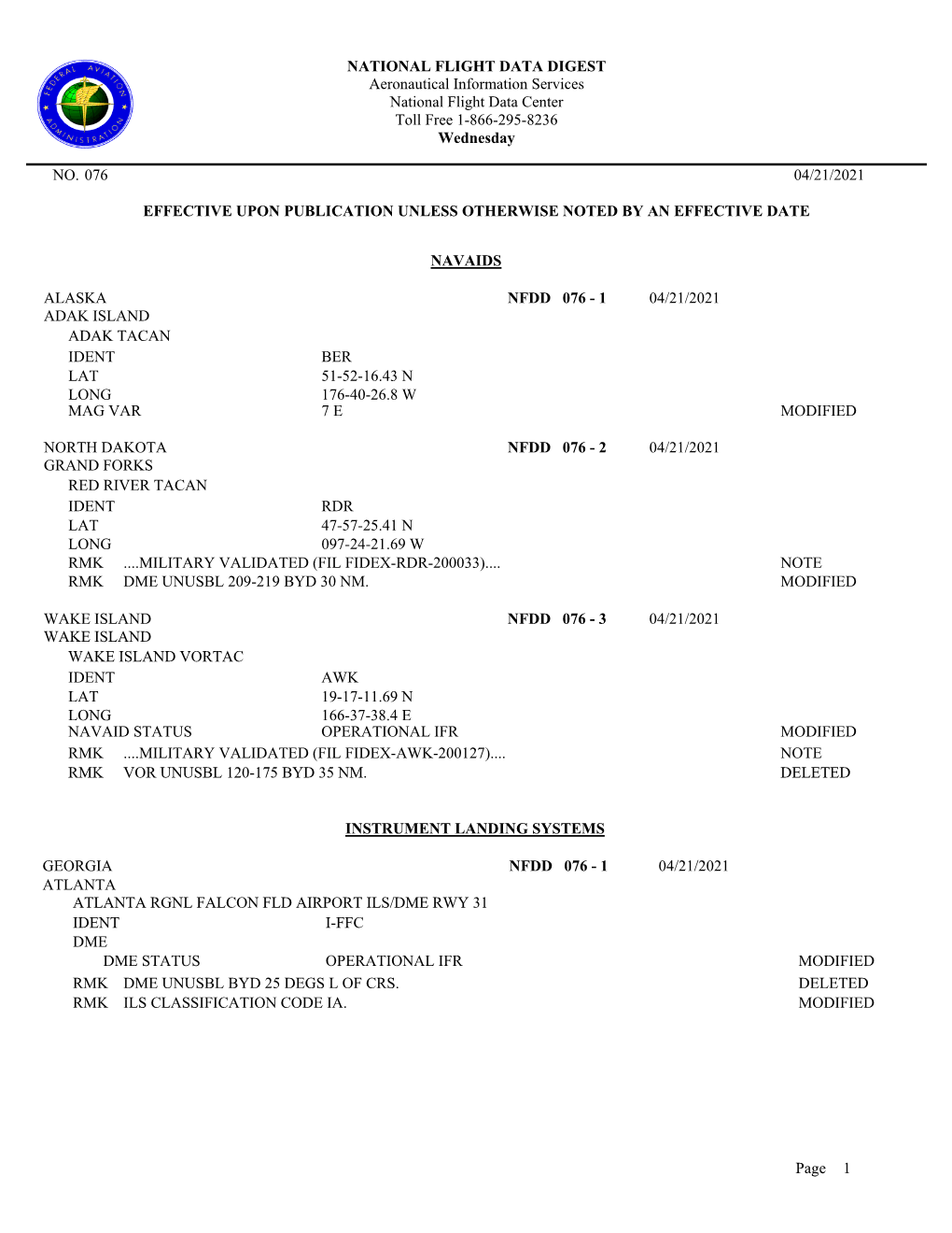 Page 1 NATIONAL FLIGHT DATA DIGEST Aeronautical Information