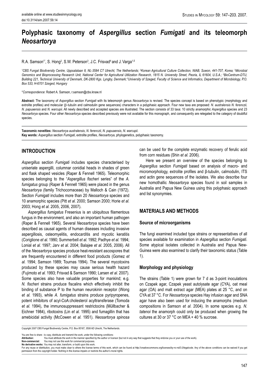 Polyphasic Taxonomy of Aspergillus Section Fumigati and Its Teleomorph Neosartorya