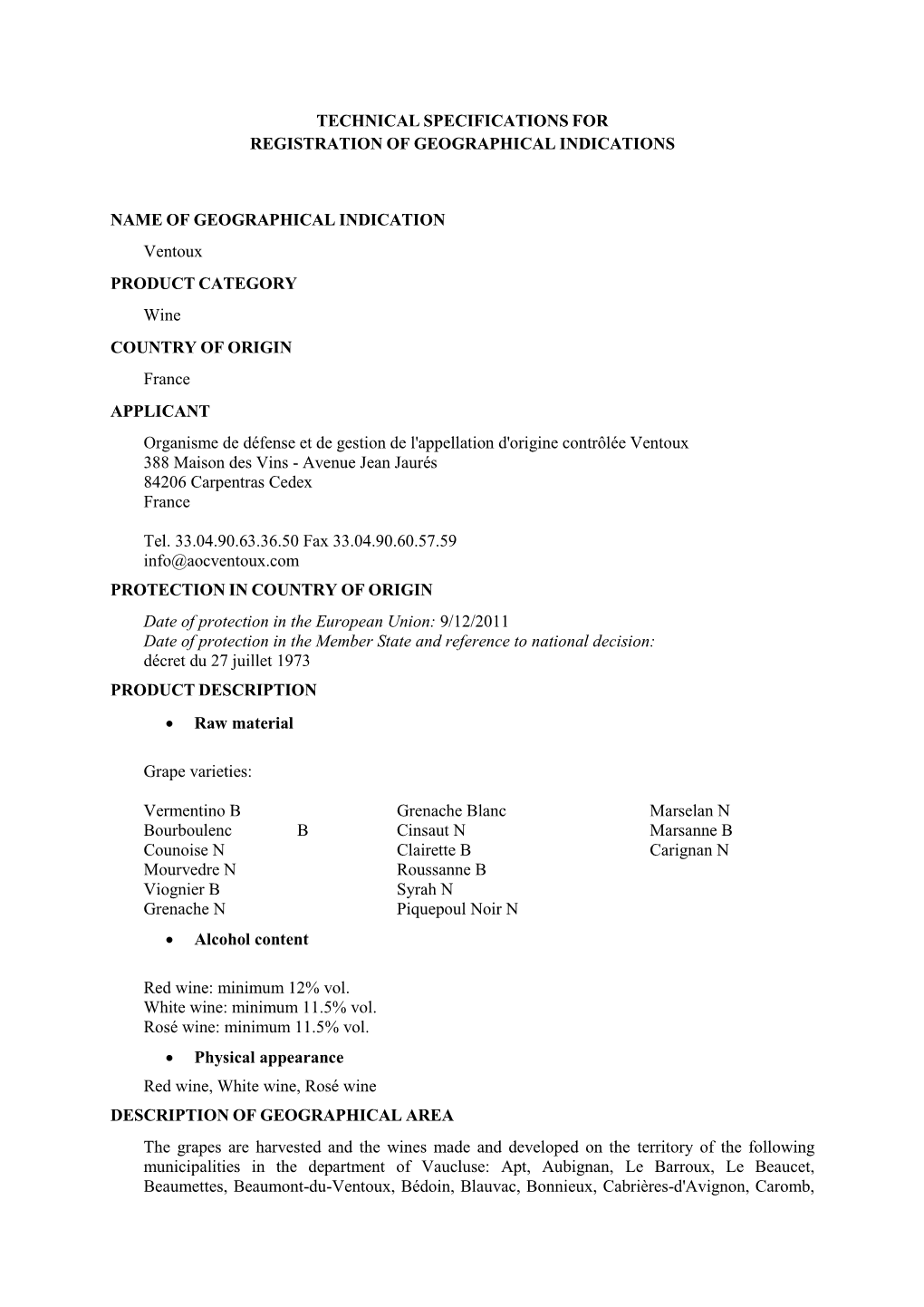 Technical Specifications for Registration of Geographical Indications