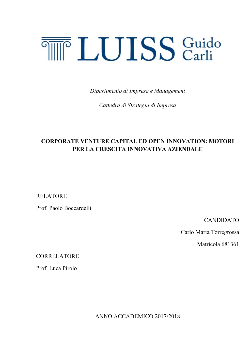 Dipartimento Di Impresa E Management Cattedra Di Strategia