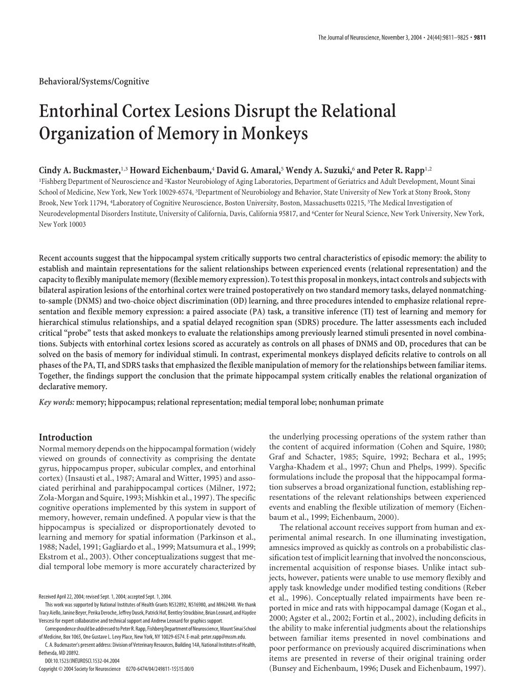 Entorhinal Cortex Lesions Disrupt the Relational Organization of Memory in Monkeys