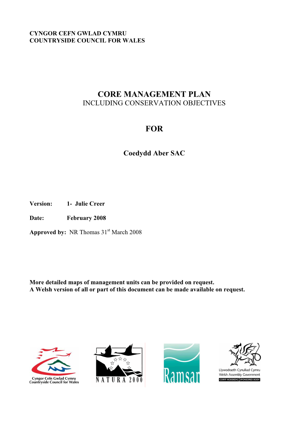 Core Management Plan Including Conservation Objectives