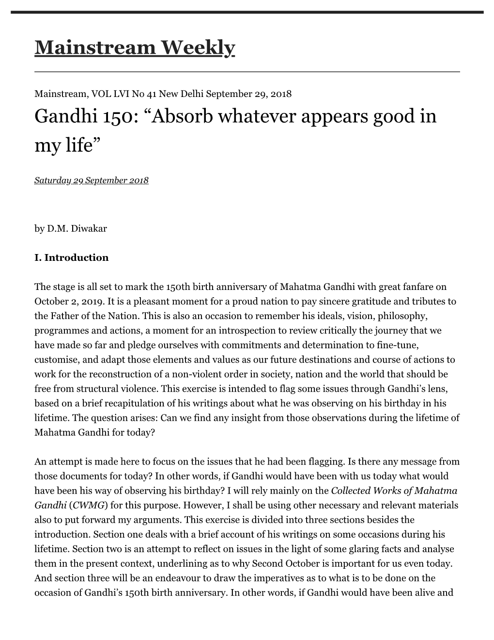 Gandhi 150: “Absorb Whatever Appears Good in My Life”