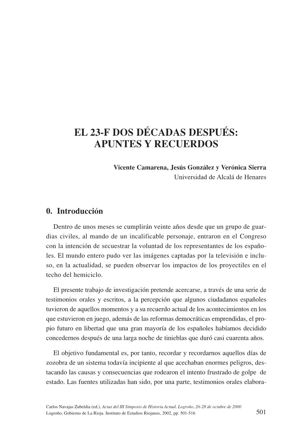 El 23-F Dos Décadas Después: Apuntes Y Recuerdos