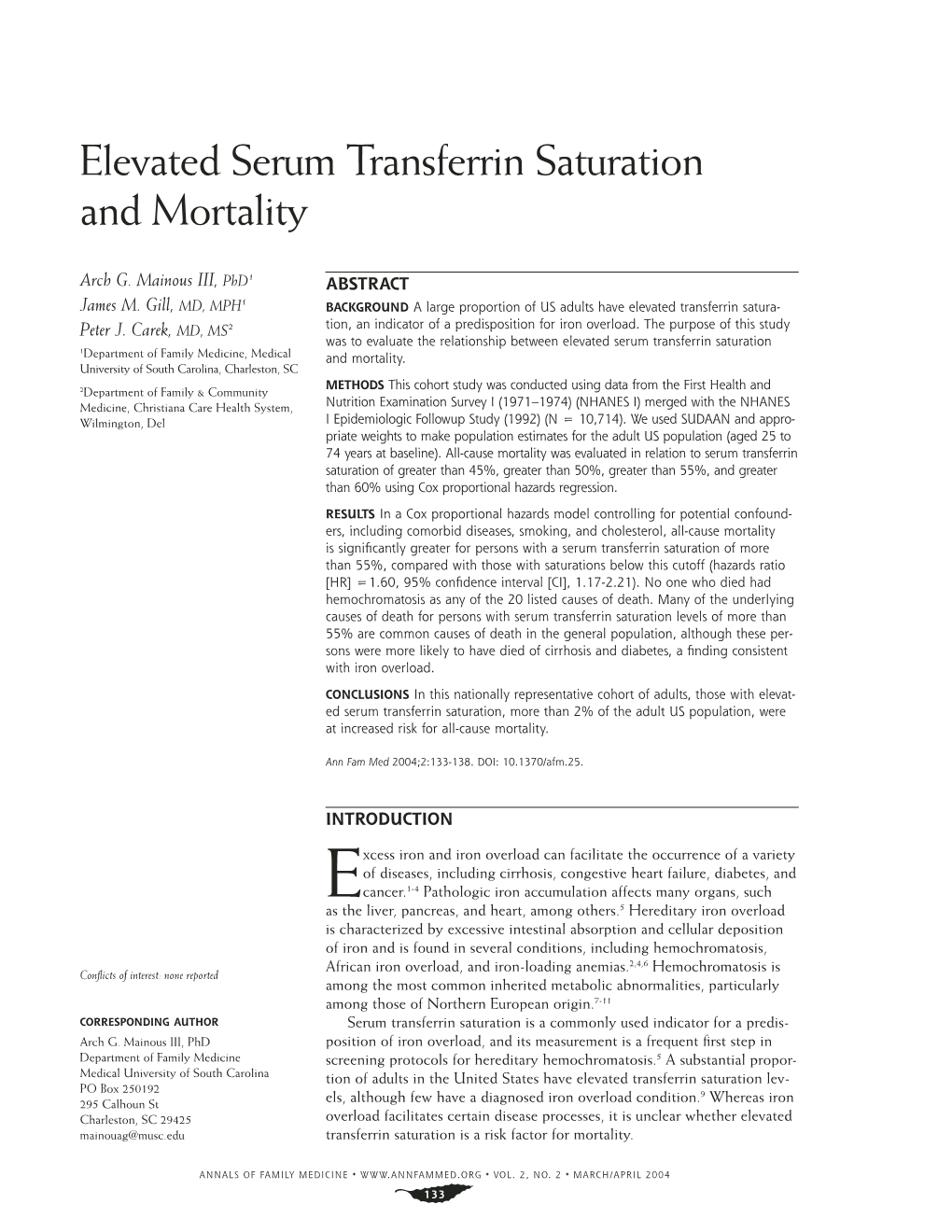 Elevated Serum Transferrin Saturation and Mortality