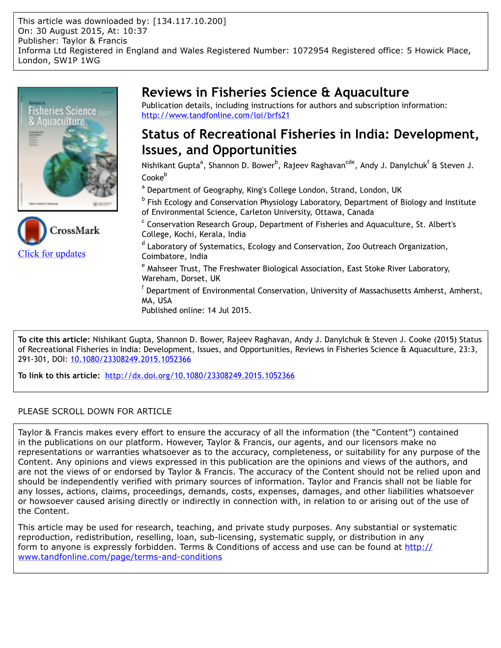 Reviews in Fisheries Science & Aquaculture Status of Recreational