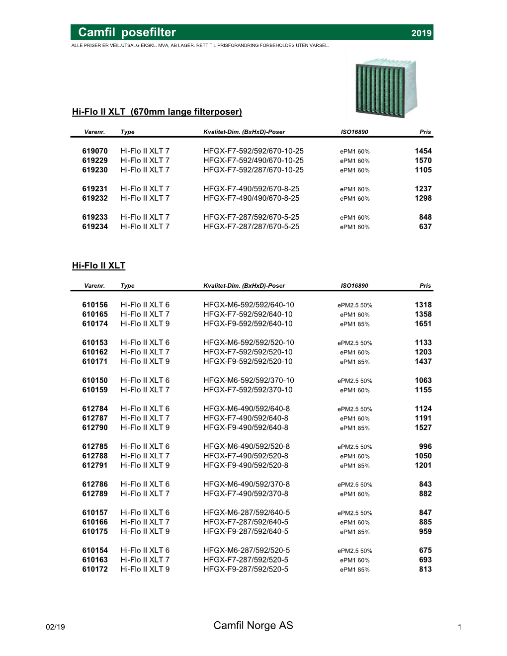 Camfil Posefilter 2019 ALLE PRISER ER VEIL.UTSALG EKSKL
