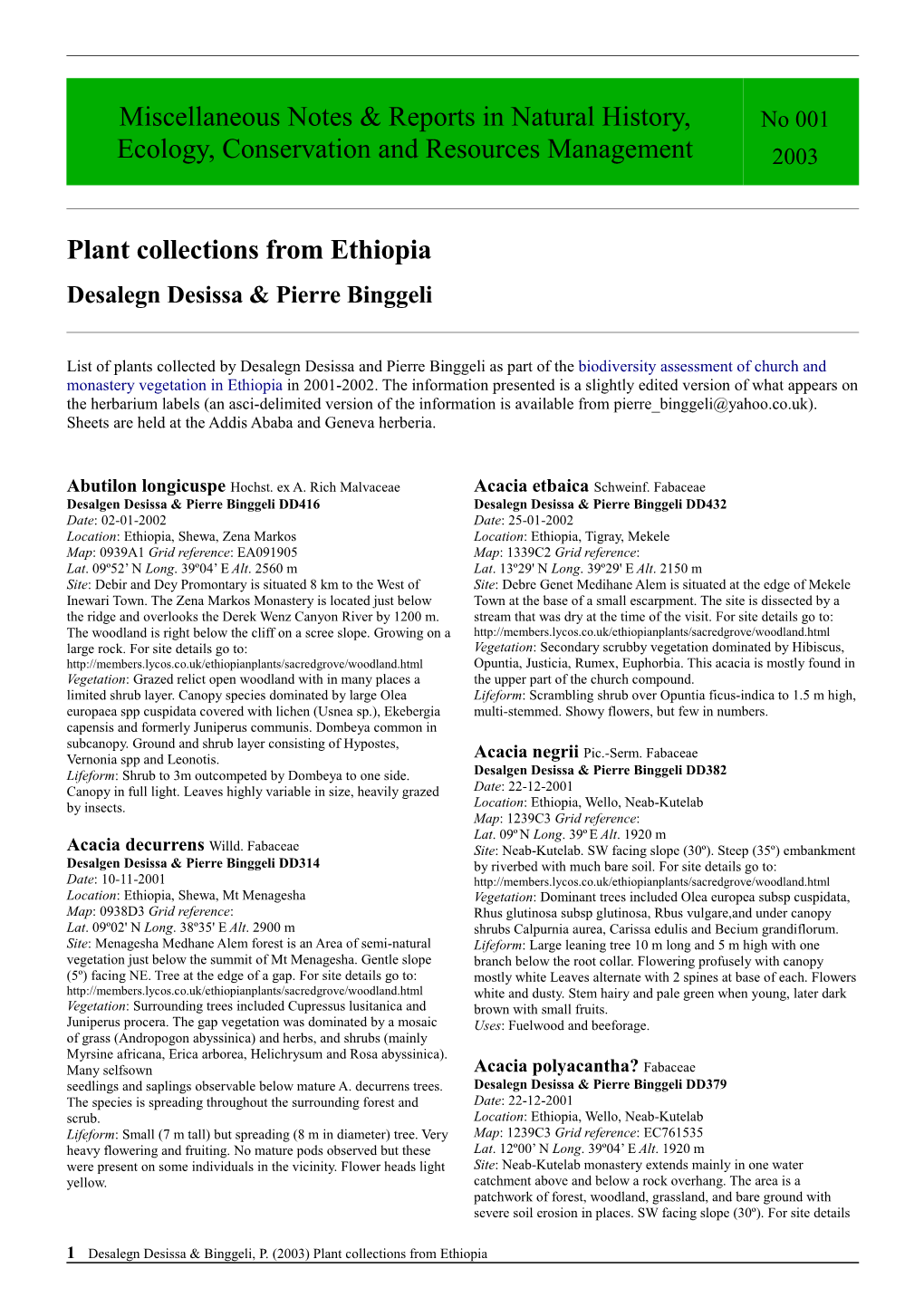 Plant Collections from Ethiopia Desalegn Desissa & Pierre Binggeli