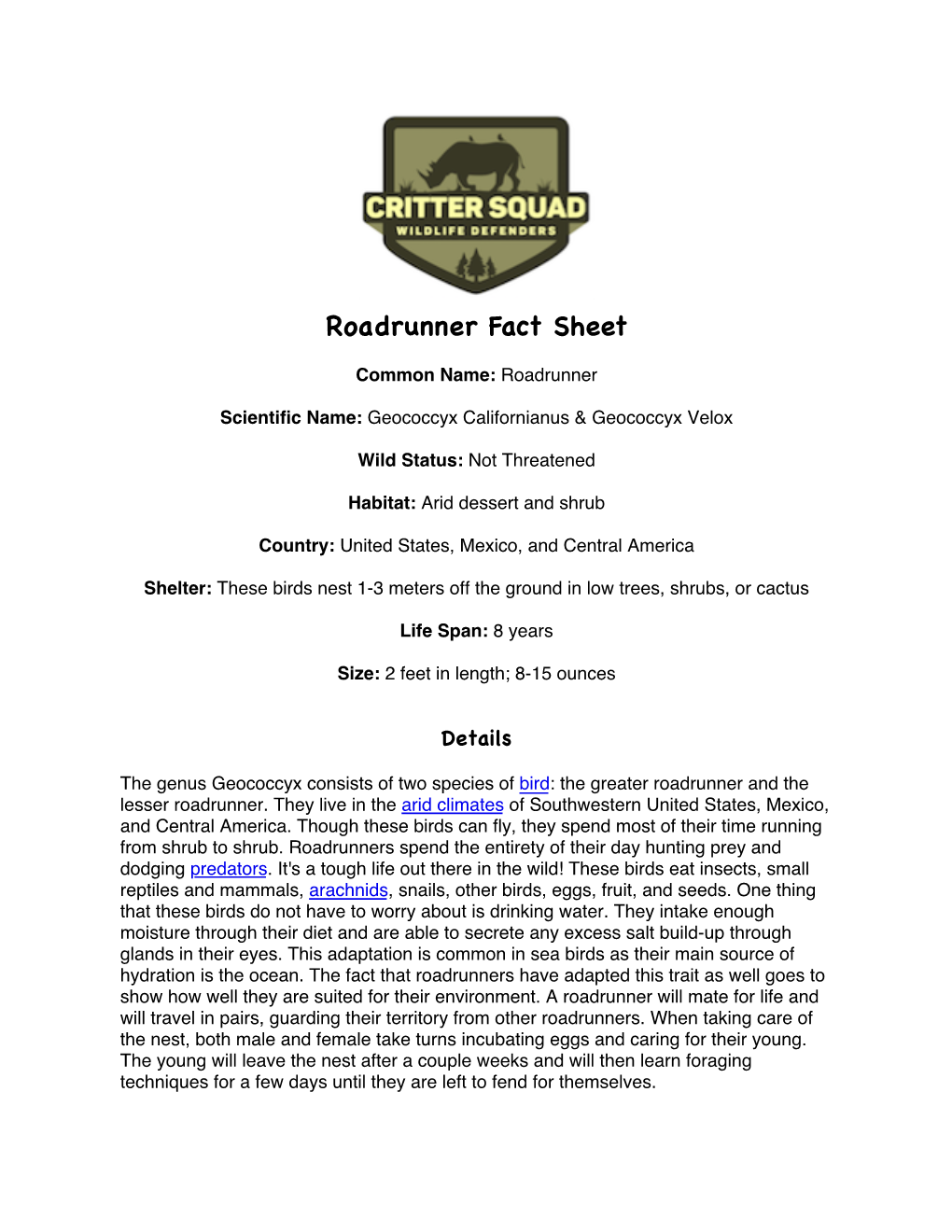 Roadrunner Fact Sheet