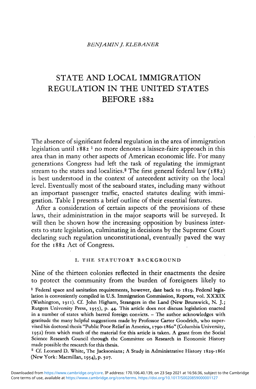 State and Local Immigration Regulation in the United States Before 1882