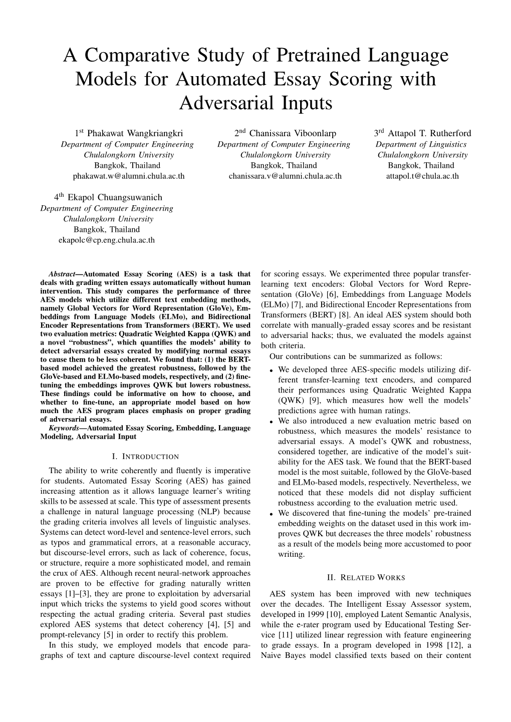 A Comparative Study of Pretrained Language Models for Automated Essay Scoring with Adversarial Inputs