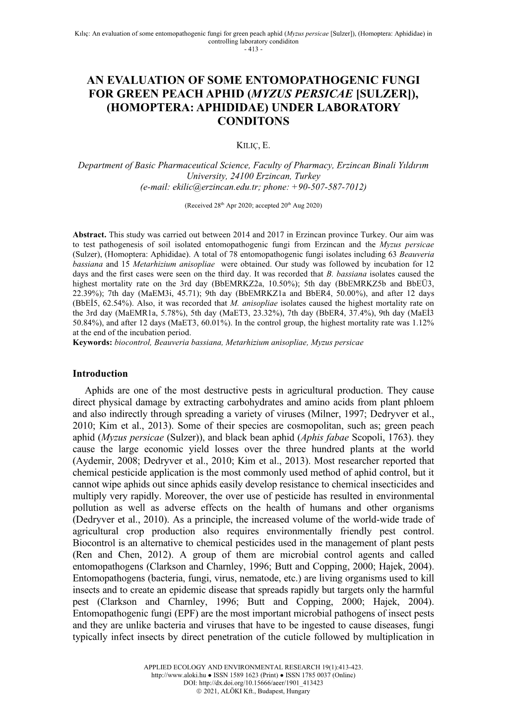 (Myzus Persicae [Sulzer]), (Homoptera: Aphididae) in Controlling Laboratory Condiditon - 413