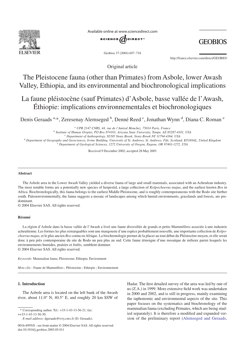 The Pleistocene Fauna (Other Than Primates) from Asbole, Lower Awash