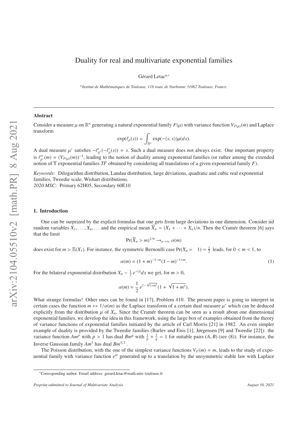 Duality for Real and Multivariate Exponential Families