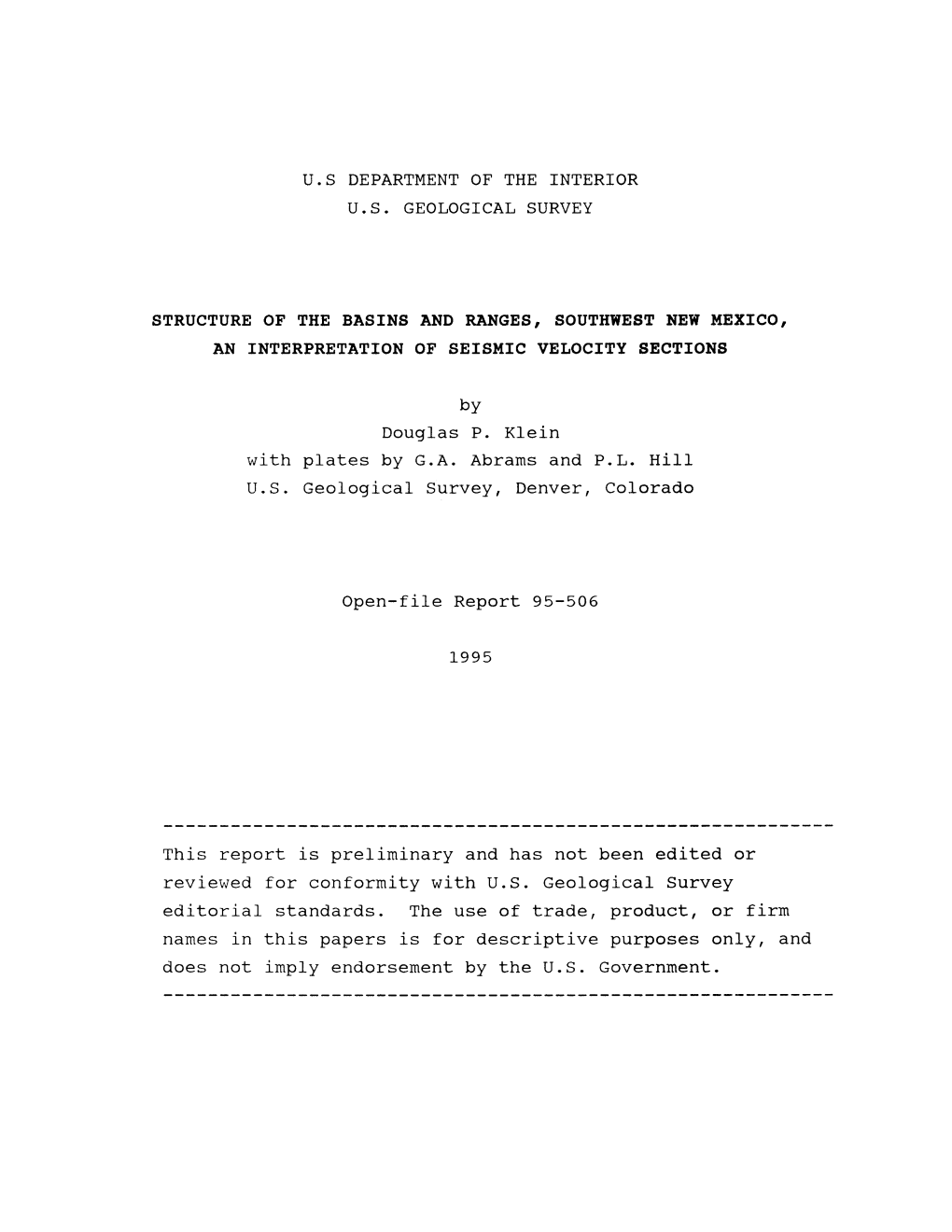 By Douglas P. Klein with Plates by G.A. Abrams and P.L. Hill U.S. Geological Survey, Denver, Colorado