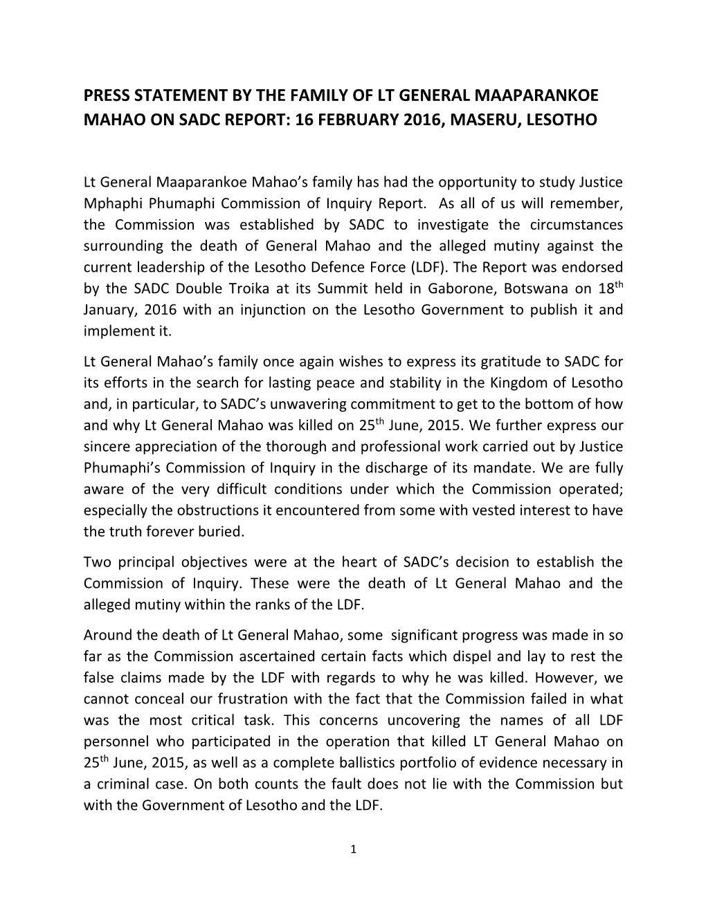 Press Statement by the Family of Lt General Maaparankoe Mahao on Sadc Report: 16 February 2016, Maseru, Lesotho