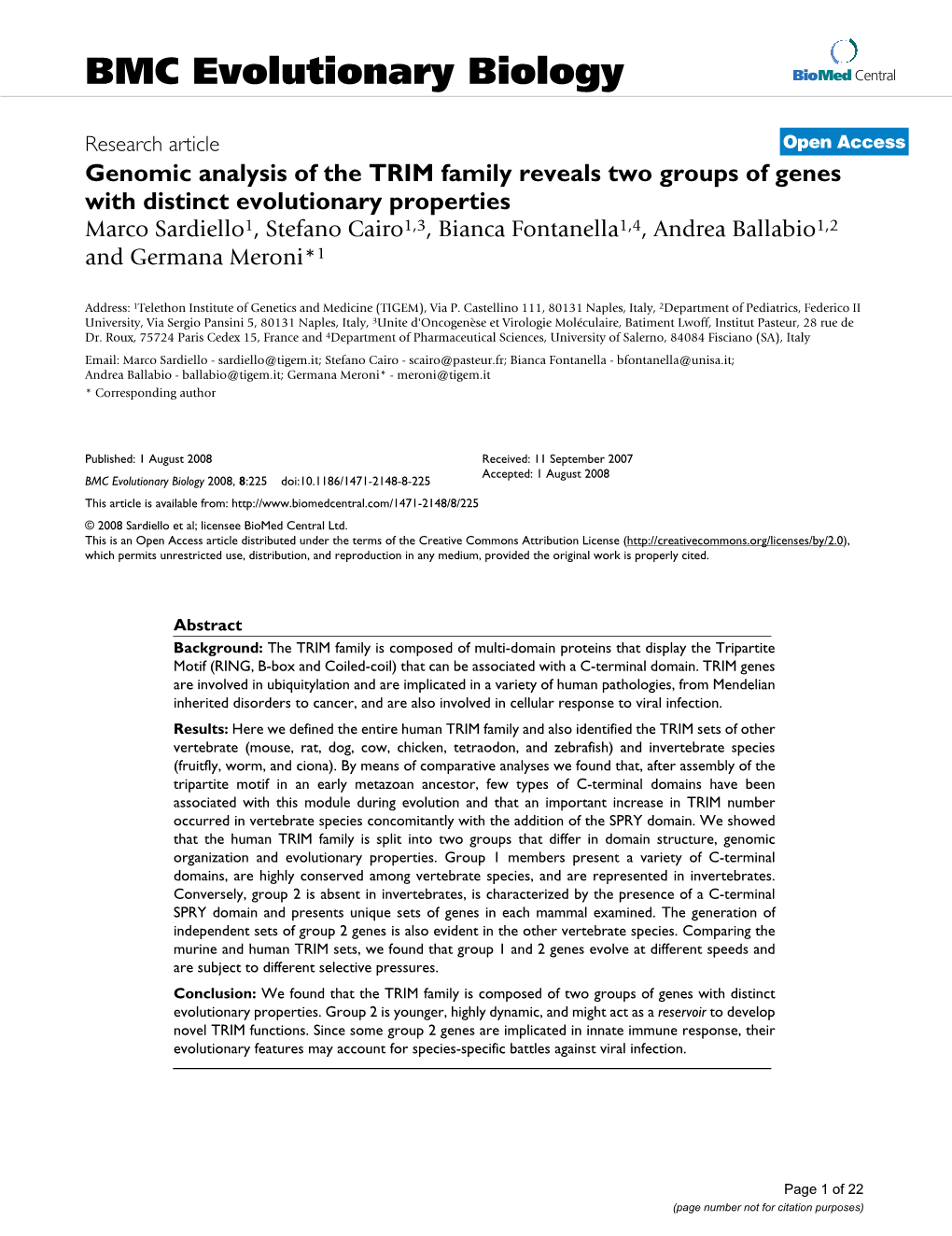 Genomic Analysis of the TRIM Family Reveals Two Groups of Genes with Distinct Evolutionary Properties