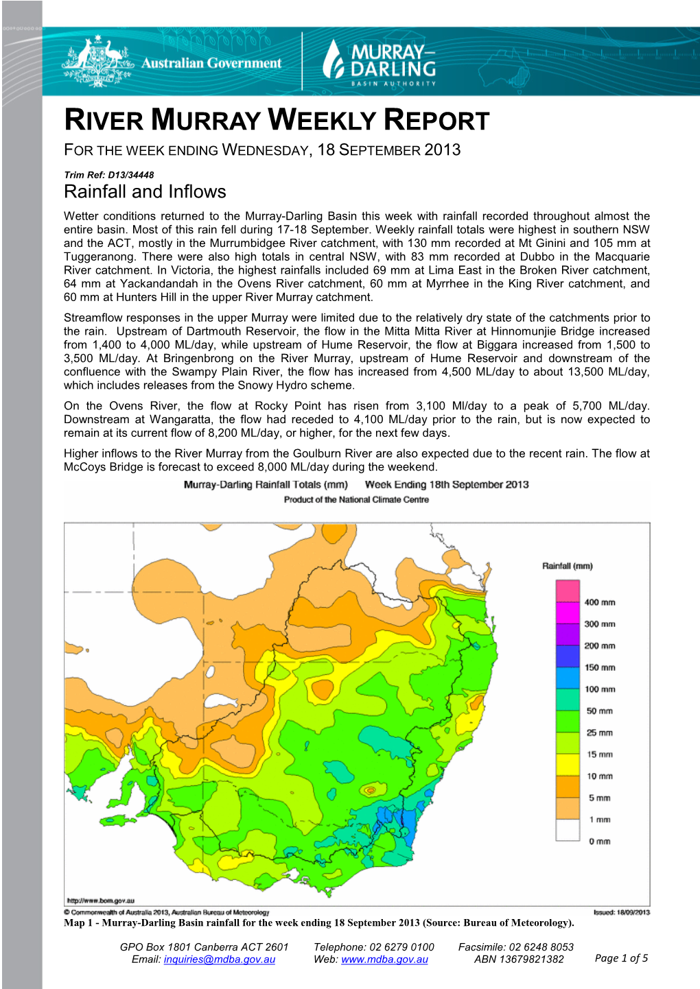 River Murray Operations Weekly Report 18 September 2013