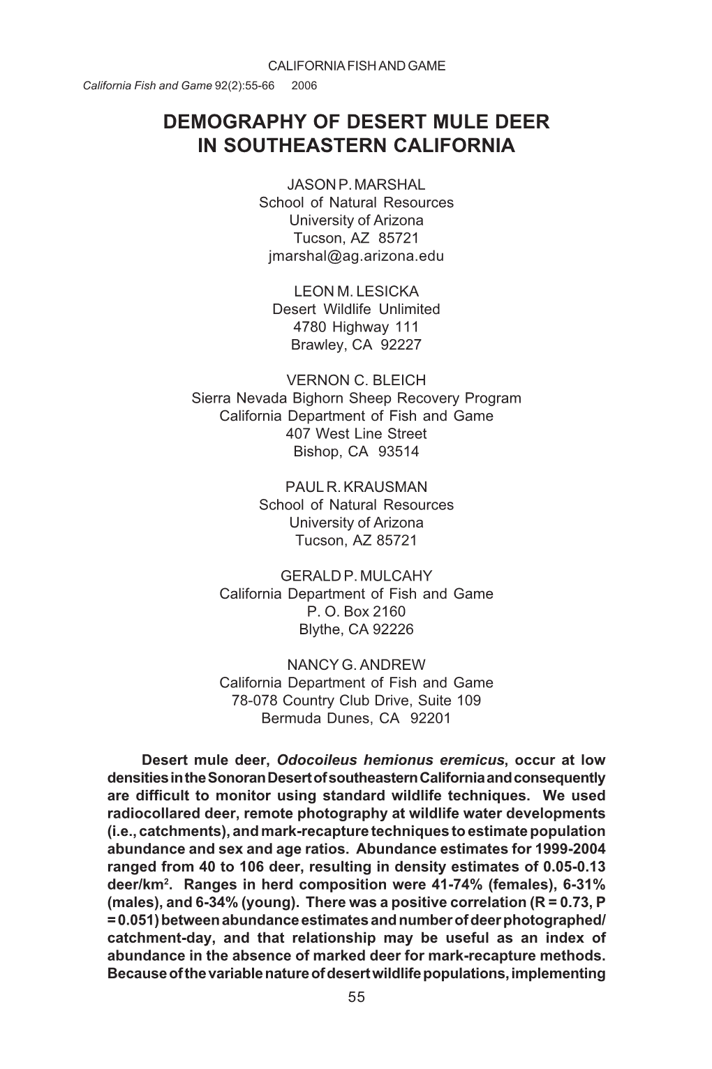 Demography of Desert Mule Deer in Southeastern California