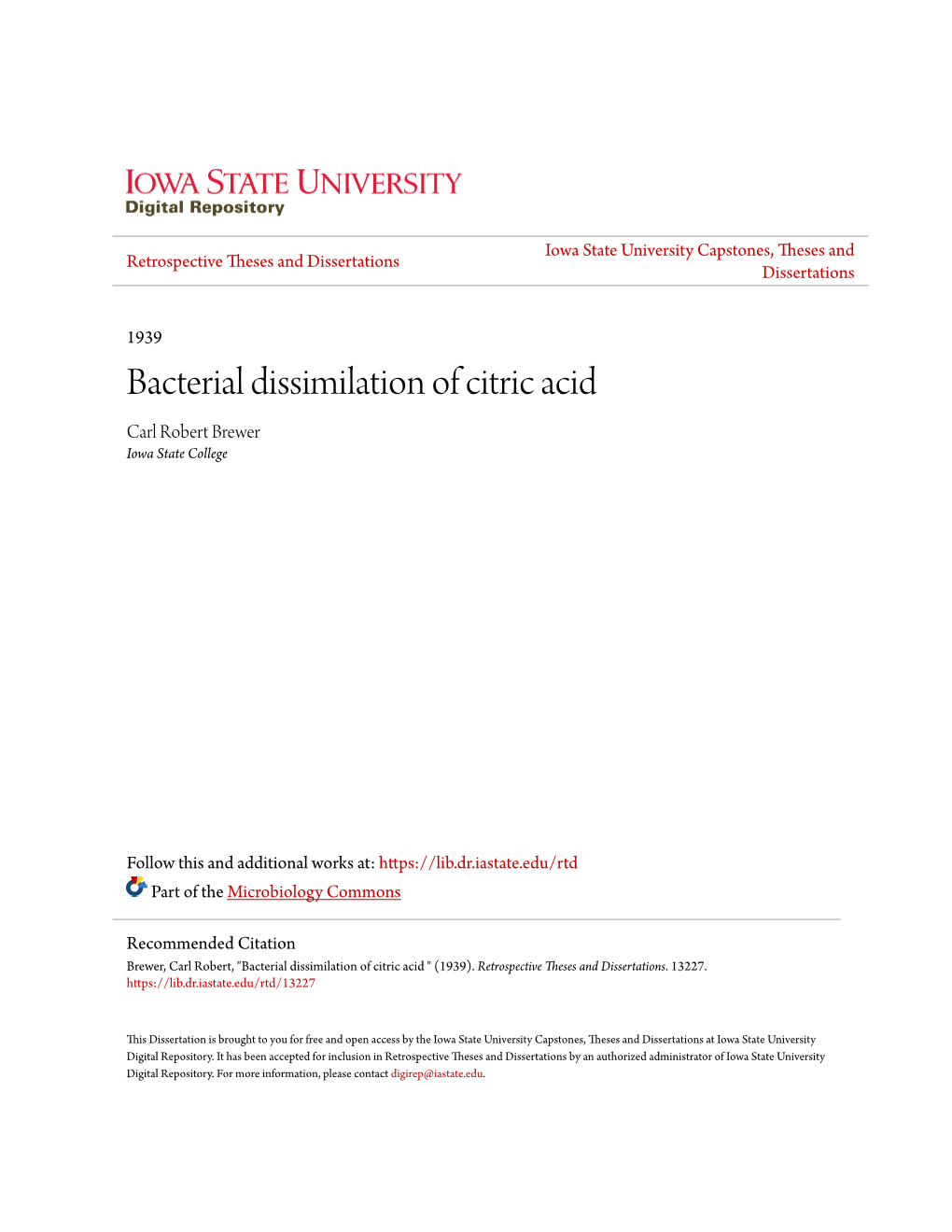 Bacterial Dissimilation of Citric Acid Carl Robert Brewer Iowa State College