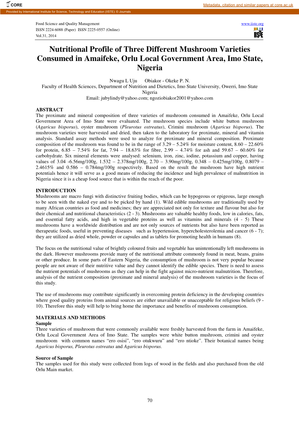 Nutritional Profile of Three Different Mushroom Varieties Consumed in Amaifeke, Orlu Local Government Area, Imo State, Nigeria