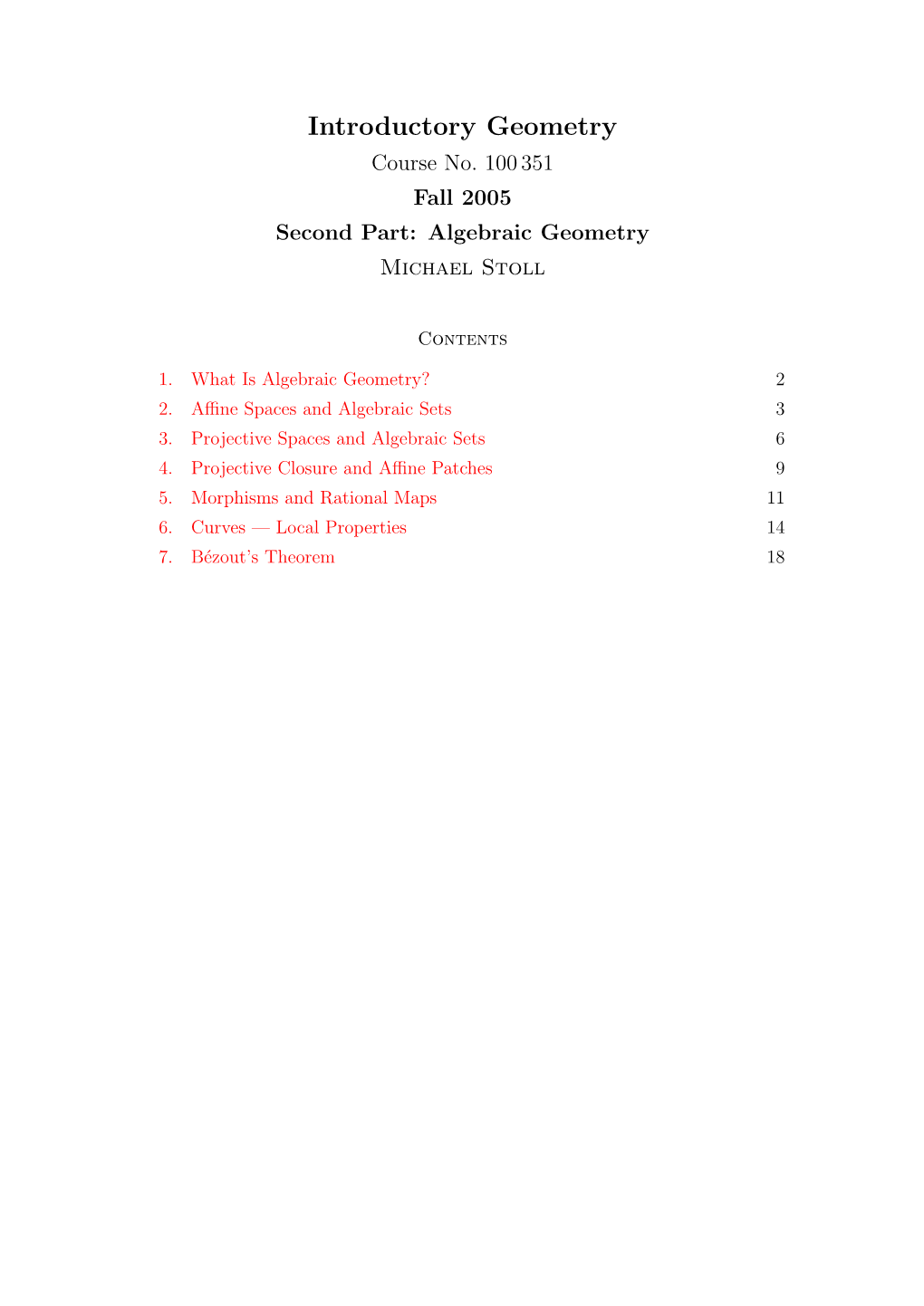 Algebraic Geometry Michael Stoll