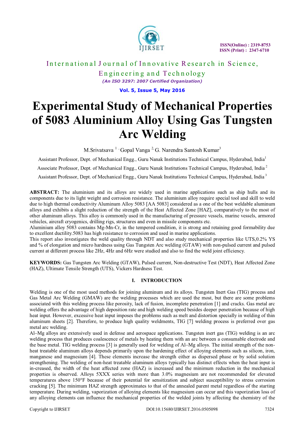 Experimental Study of Mechanical Properties of 5083 Aluminium Alloy Using Gas Tungsten Arc Welding