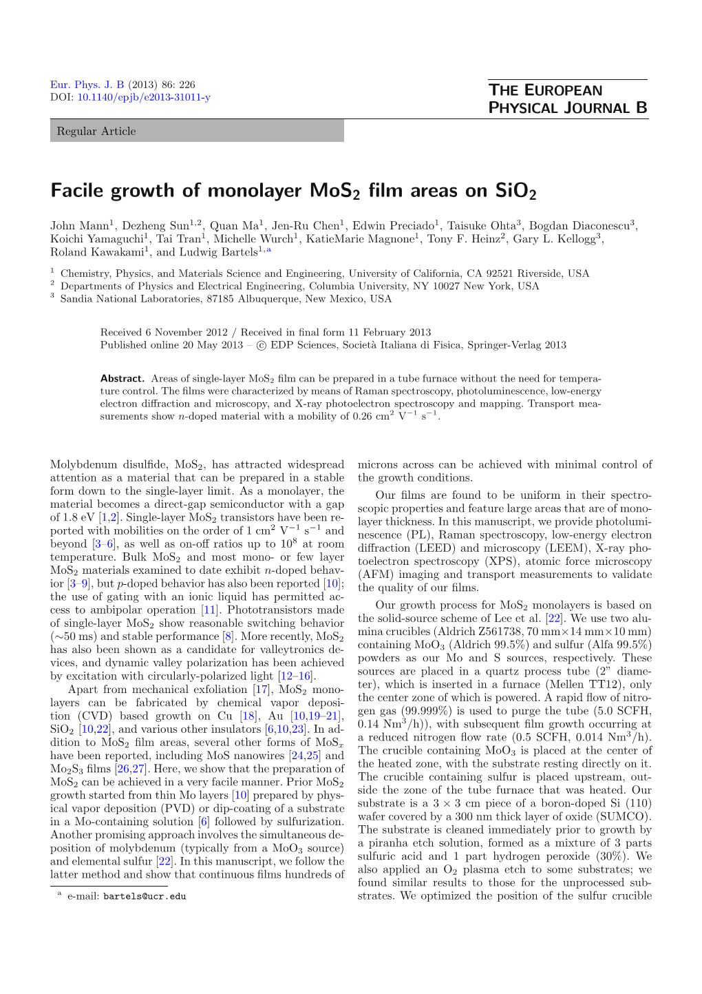 Facile Growth of Monolayer Mos2 Film Areas on Sio2