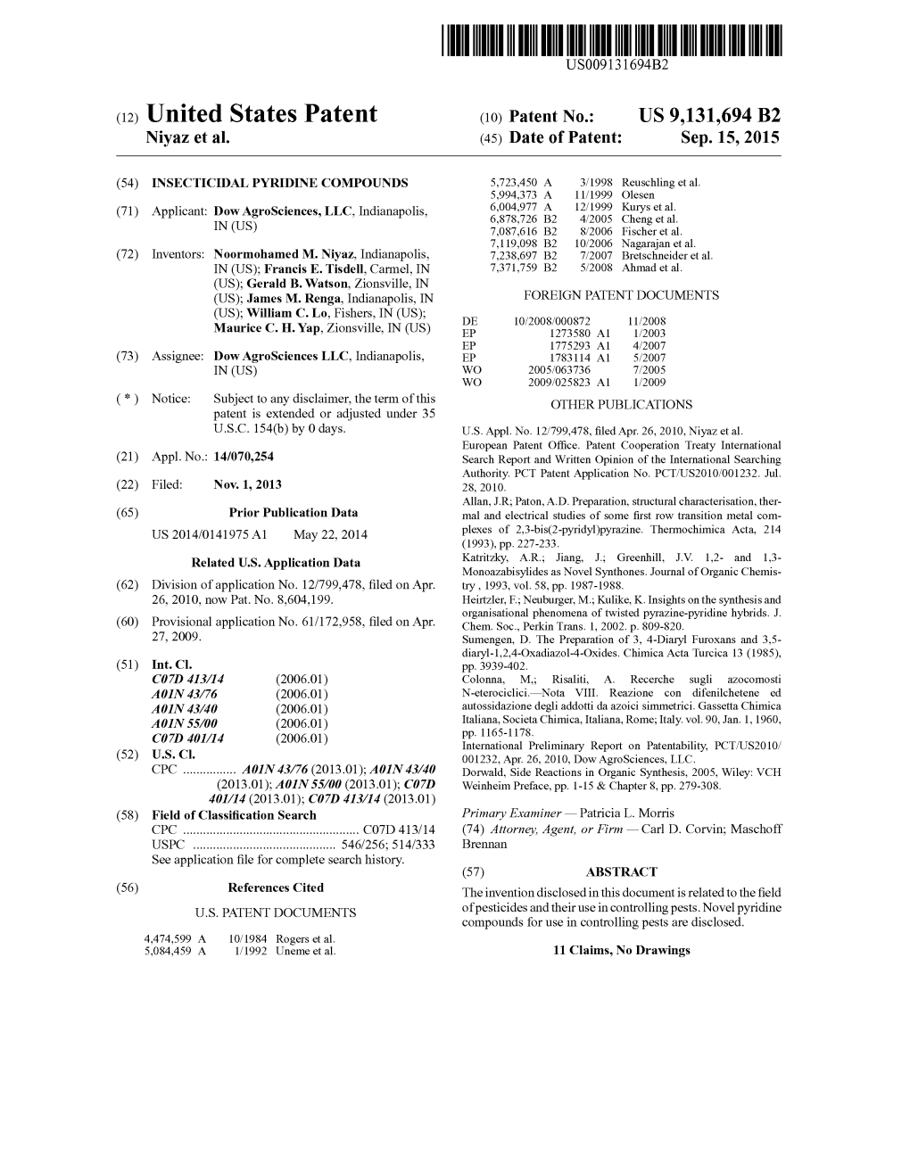 (12) United States Patent (10) Patent No.: US 9,131,694 B2 Niyaz Et Al