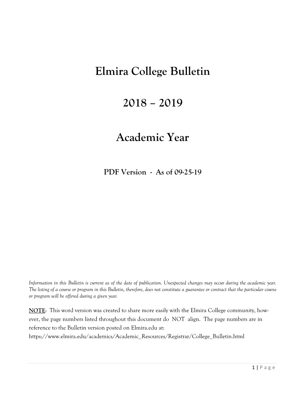 Elmira College Bulletin 2018 – 2019 Academic Year