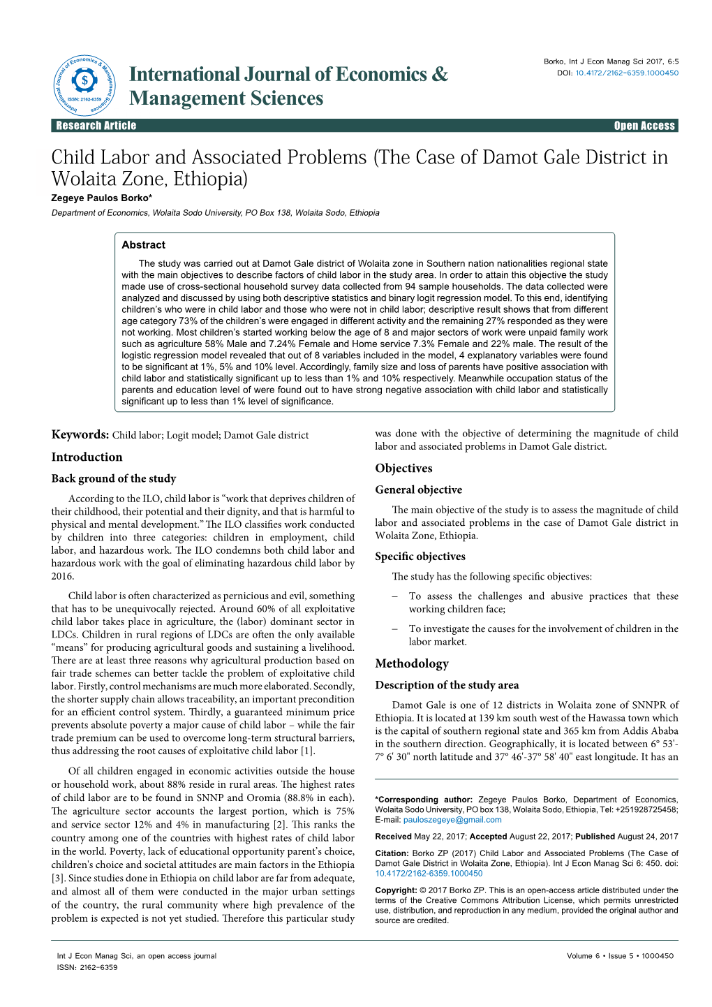 The Case of Damot Gale District in Wolaita Zone, Ethiopia) Zegeye Paulos Borko* Department of Economics, Wolaita Sodo University, PO Box 138, Wolaita Sodo, Ethiopia