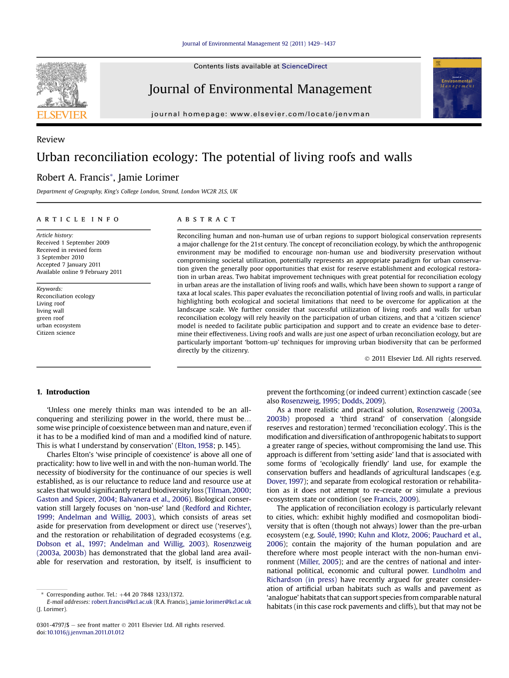 Urban Reconciliation Ecology: the Potential of Living Roofs and Walls