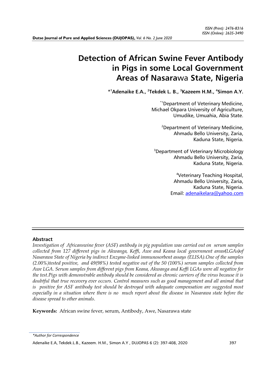 Detection of African Swine Fever Antibody in Pigs in Some Local Government Areas of Nasarawa State, Nigeria