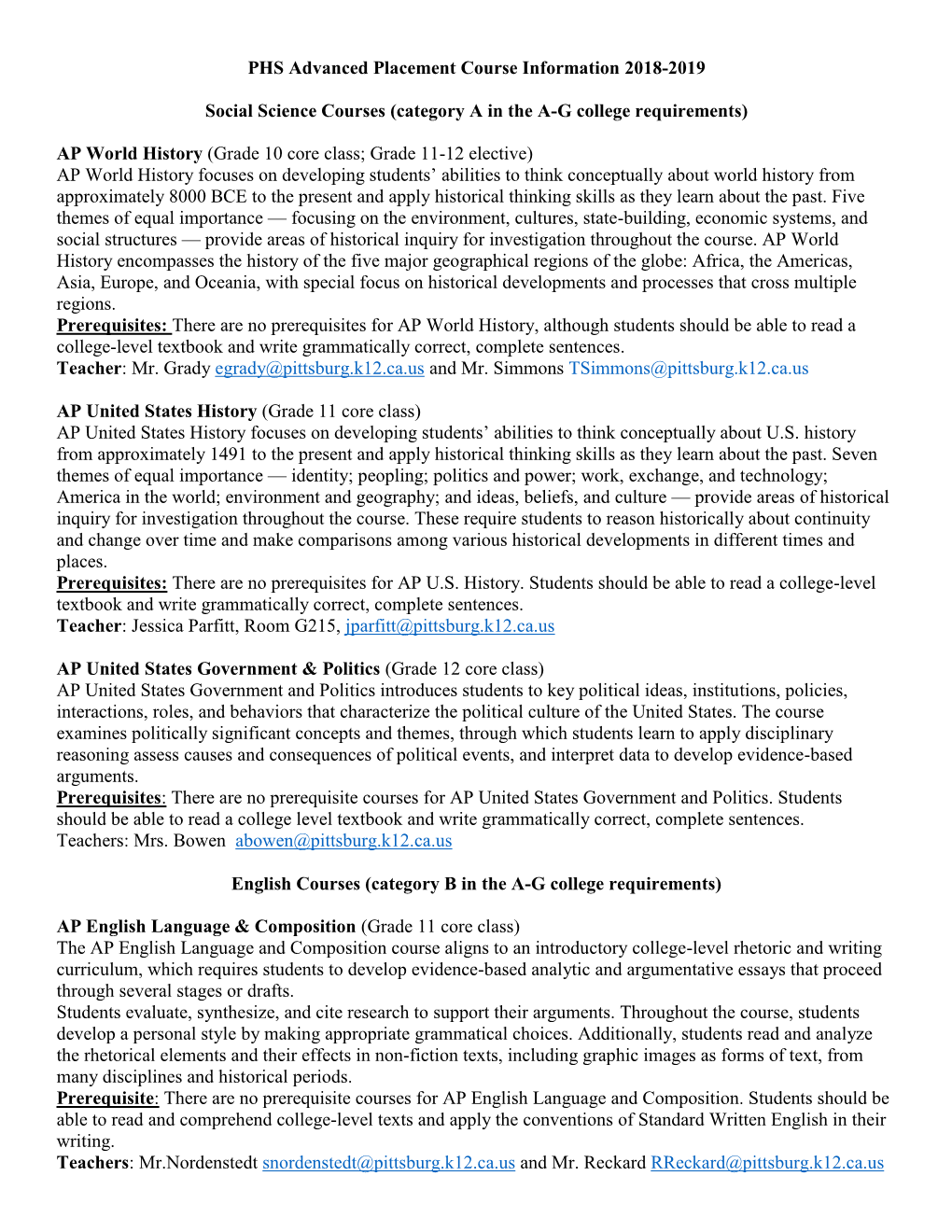 PHS Advanced Placement Course Information 2018-2019 Social