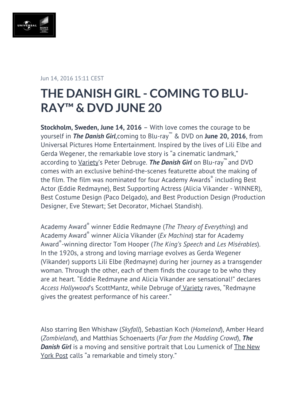 The Danish Girl - Coming to Blu- Ray™ & Dvd June 20